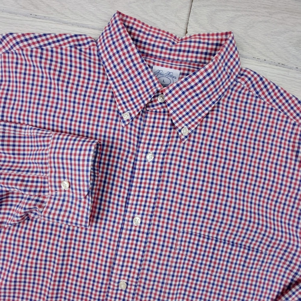 Brooks Brothers Button Down Shirt Mens L Red Blue Gingham‎ Relaxed Fit Cotton